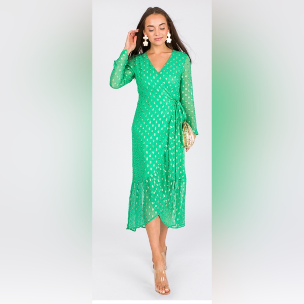 NWT METALLIC WRAP MAXI DRESS , GREEN/GOLD SIZE M